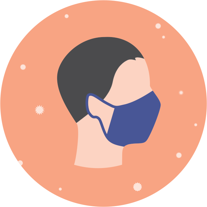 Illustration of a person wearing a mask with particles around them