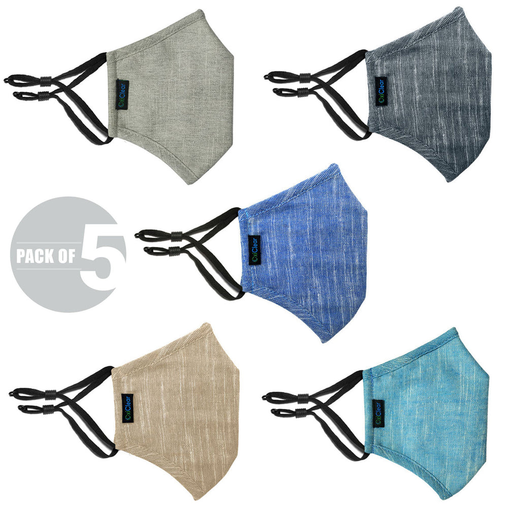 OxiClear Handloom Linen Cloth Face Mask 3 Layer Washable (Pack of 5)