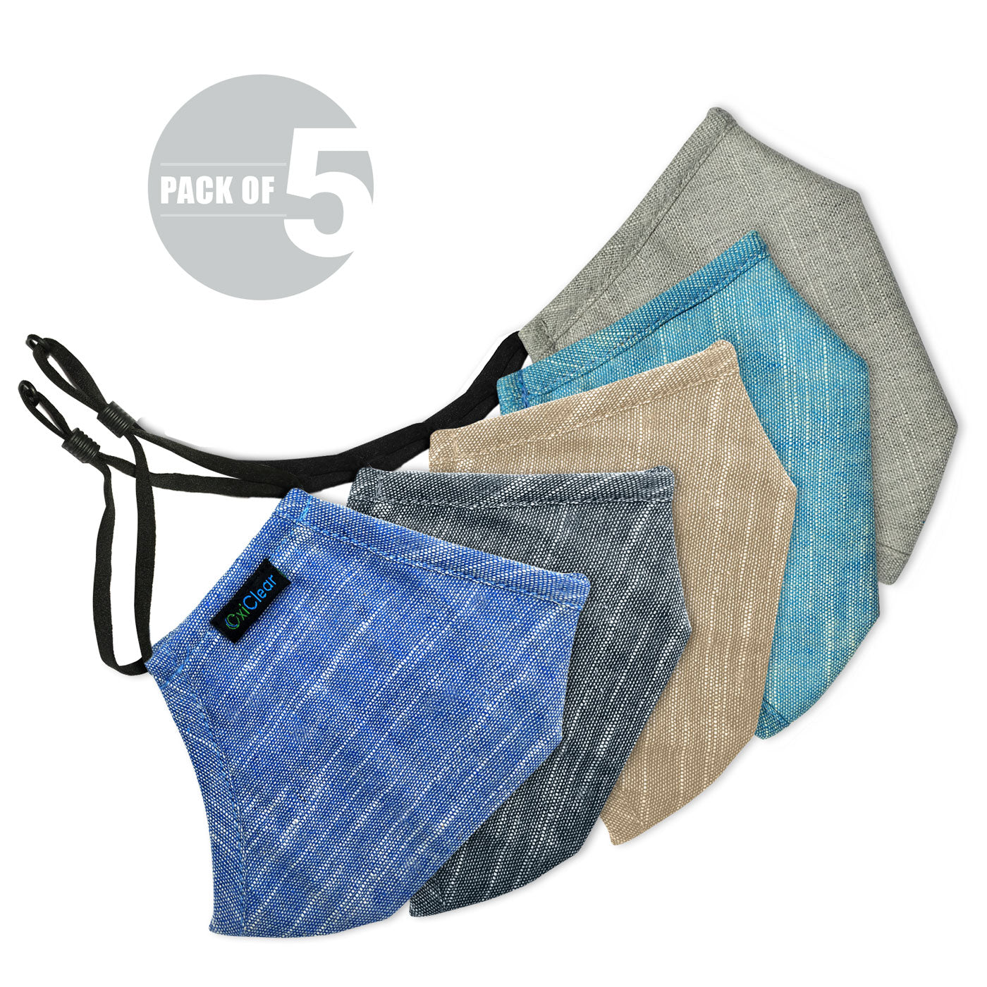 OxiClear Handloom Linen Cloth Face Mask 3 Layer Washable (Pack of 5)