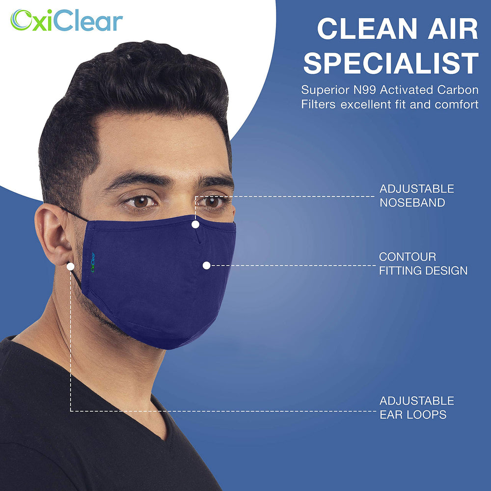 OxiClear N99 Anti Pollution Face Mask with Carbon Filters Headband Reusable D.R.D.O Certified (Multicolor) (Pack of 5)