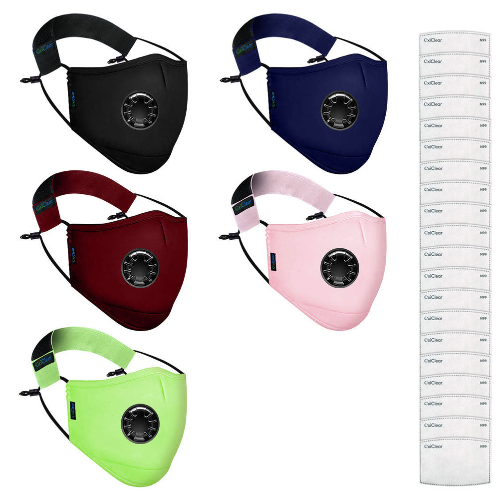 OxiClear N99 Anti Pollution Face Mask with Carbon Filters Headband Reusable D.R.D.O Certified (Multicolor) (Pack of 5)