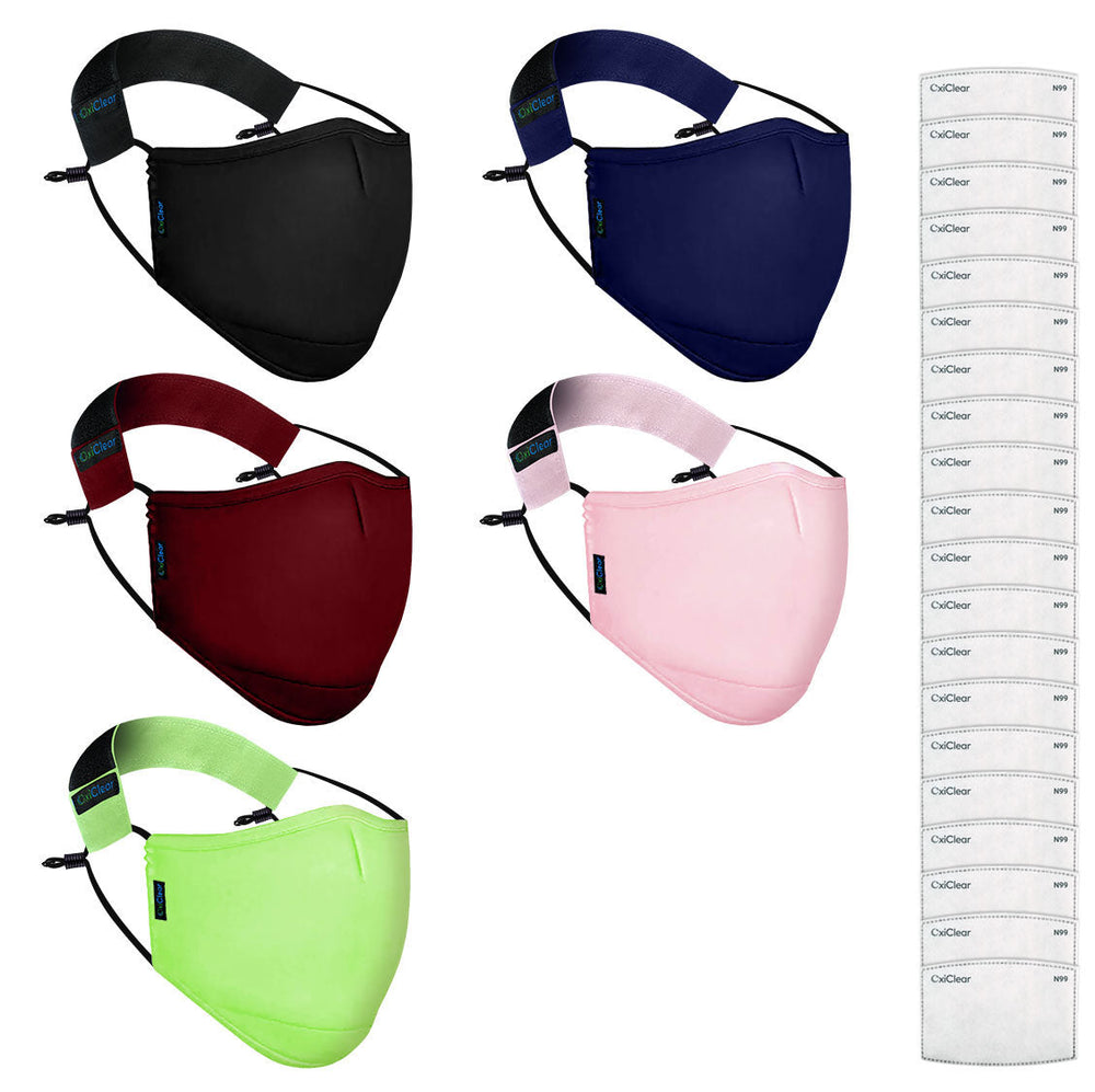 OxiClear N99 Anti Pollution Face Mask with Carbon Filters Headband Reusable D.R.D.O Certified (Multicolor) (Pack of 5)