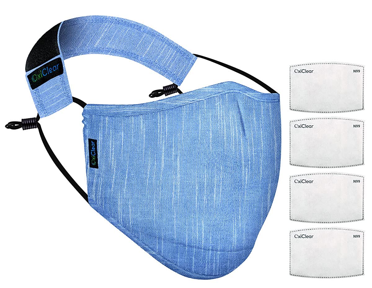 OxiClear N99 Handloom Linen Face Mask Carbon Filters Headband Reusable DRDO Certified (Denim) - Pack of 1 - N99