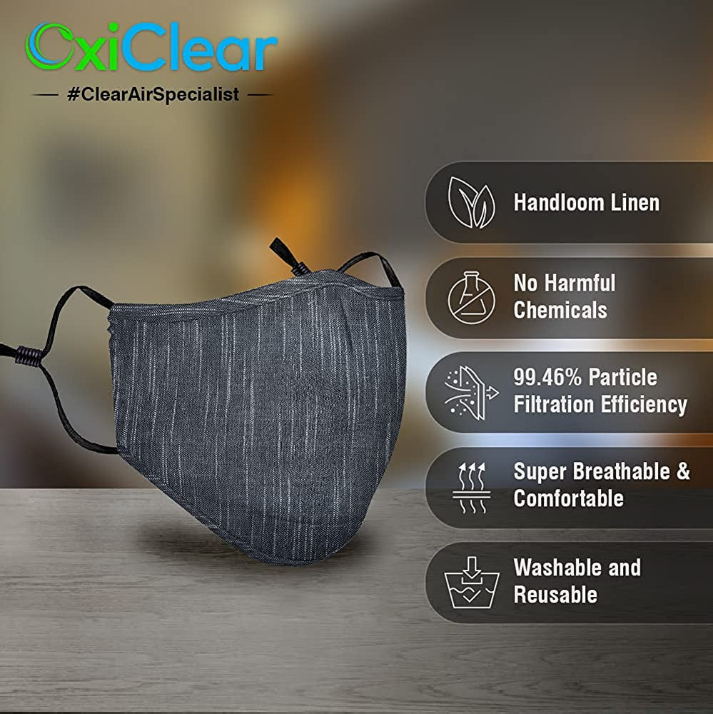 OxiClear N99 Handloom Linen Face Mask with Carbon Filters Headband Reusable DRDO Certified (Charcoal) - Pack of 1 - N99