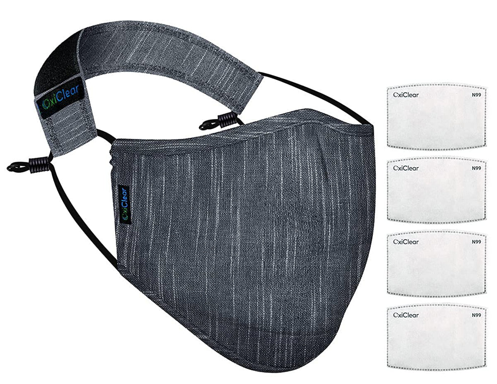 OxiClear N99 Handloom Linen Face Mask with Carbon Filters Headband Reusable DRDO Certified (Charcoal) - Pack of 1 - N99