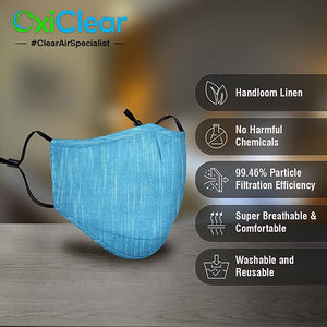 OxiClear N99 Handloom Linen Face Mask with Carbon Filters Headband Reusable DRDO Certified (Ocean) - Pack of 1 - N99