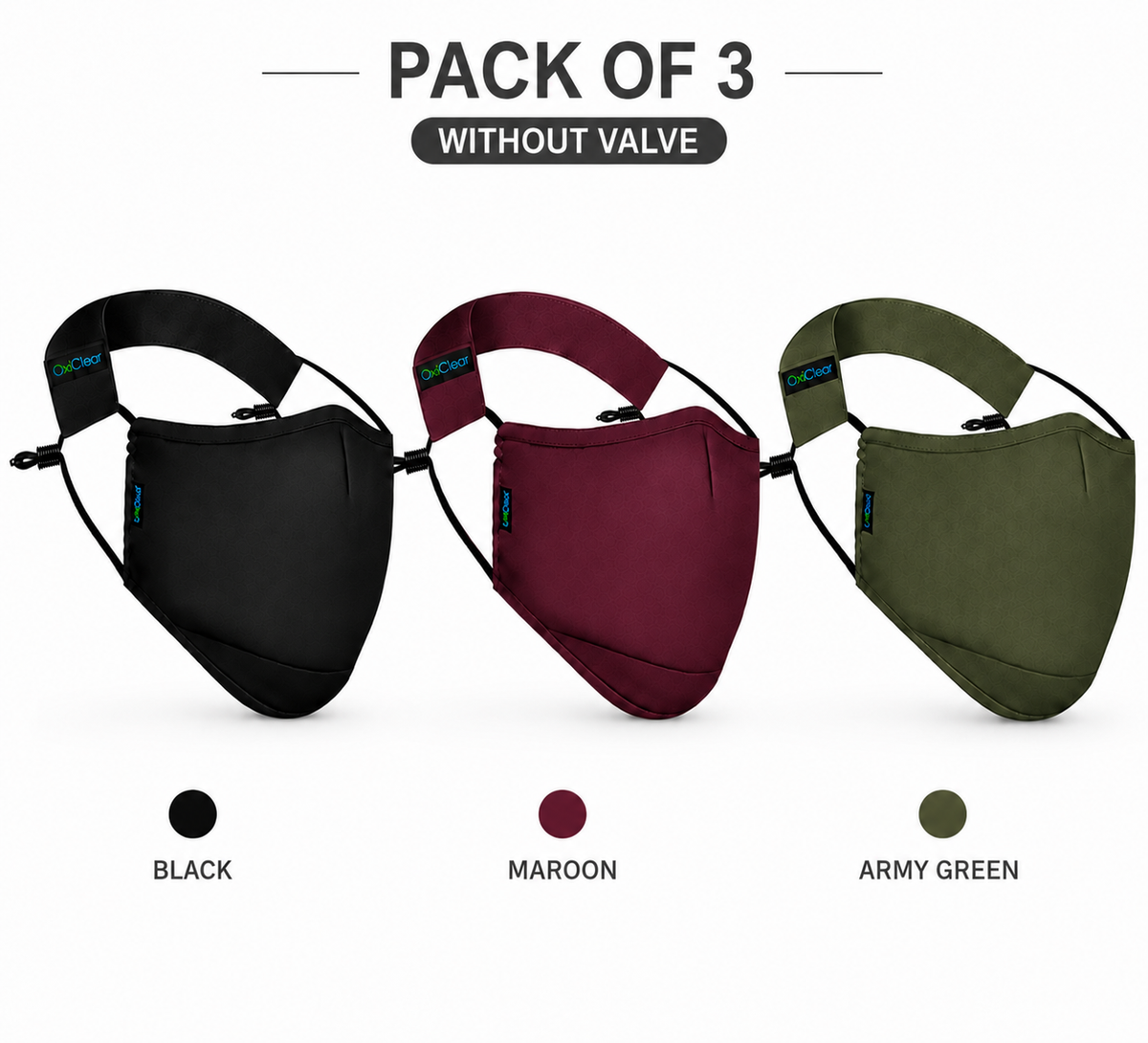 OxiClear N99 anti-pollution mask without valve, pack of 3 in black, maroon and army green