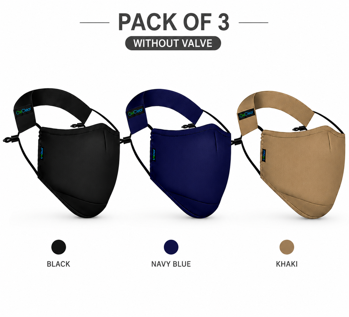 OxiClear N99 anti-pollution mask without valve, pack of 3 in black, navy blue and khaki