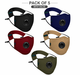 OxiClear N99 anti-pollution mask with valve, pack of 5 in black, navy blue, maroon, khaki and army green
