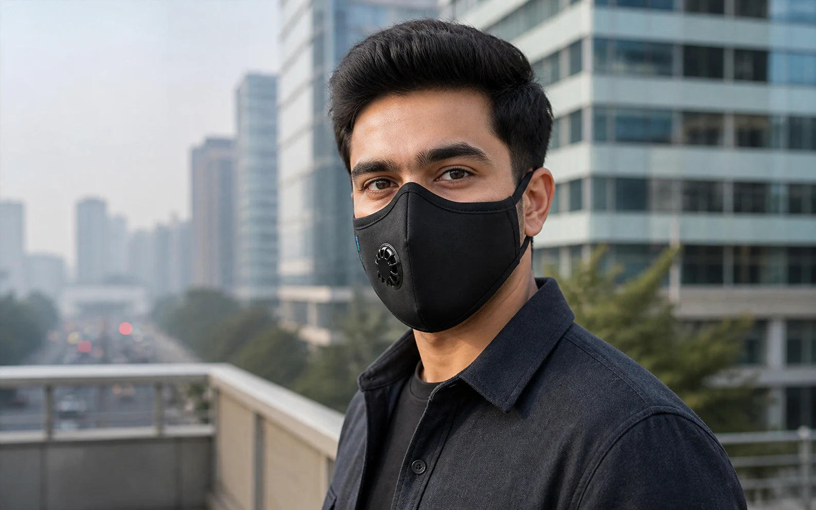 Adult man wearing the Black OxiClear N99 anti-pollution mask with valve in an urban setting