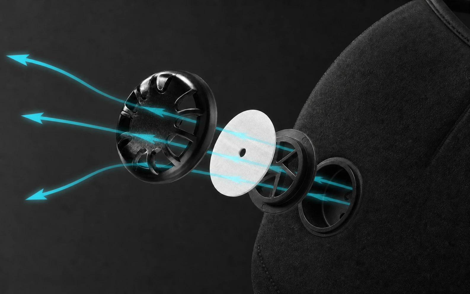 Exploded OxiClear one-way valve with arrows showing exhaled air moving out of the mask