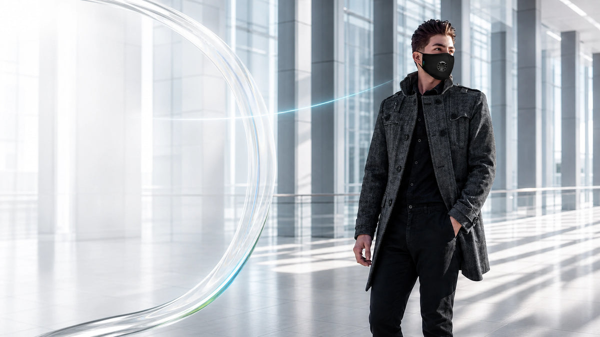 OxiClear V3 hero showing a man wearing a black valved mask in a bright architectural interior